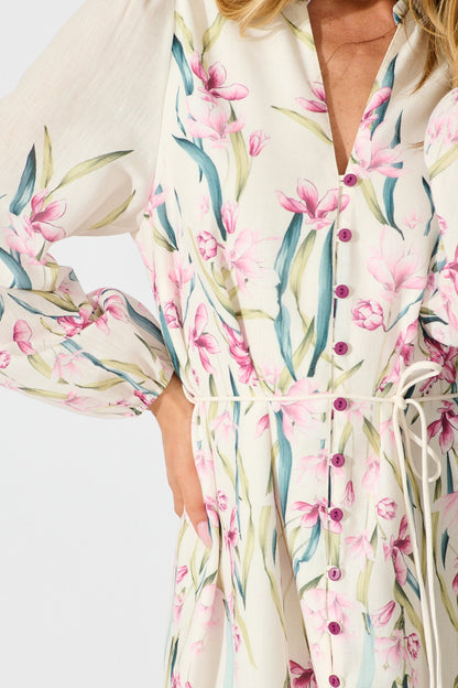 Elle Dress In White With Pink Floral Linen Blend