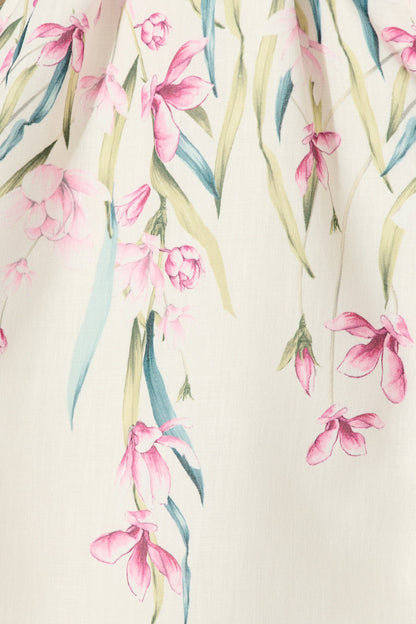 Elle Dress In White With Pink Floral Linen Blend