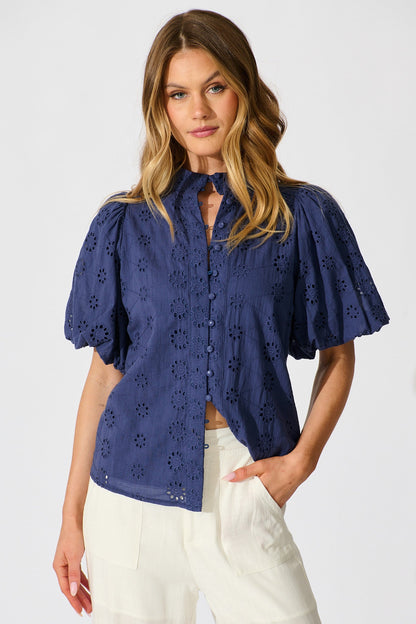 Krizza Top In Navy Embroidered Cotton