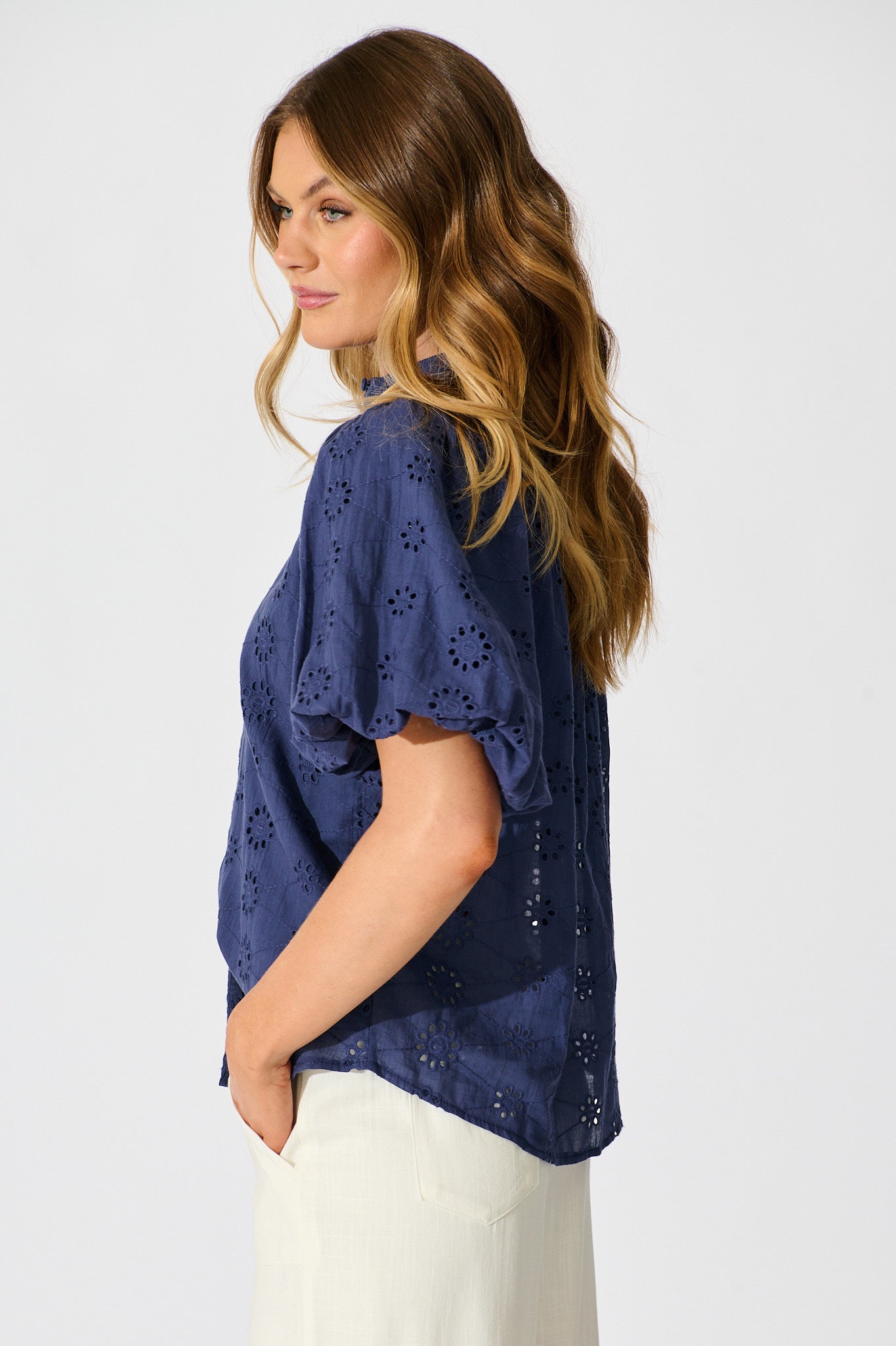 Krizza Top In Navy Embroidered Cotton