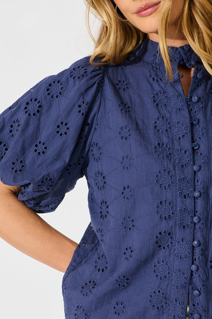 Krizza Top In Navy Embroidered Cotton