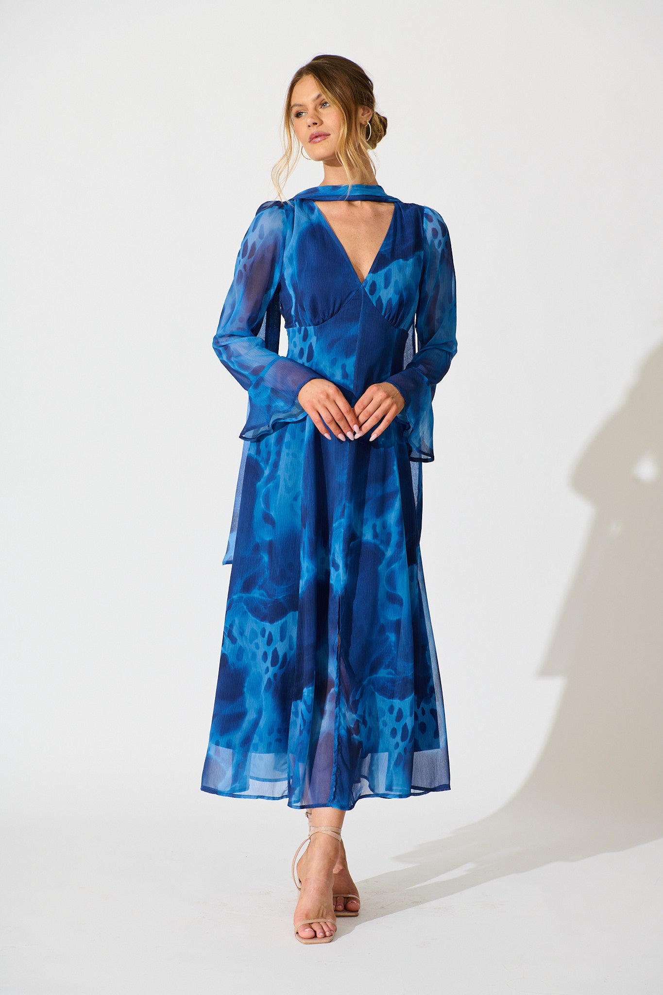 Nami Maxi Dress in Blue Watercolour Chiffon