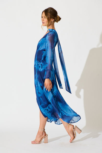 Nami Maxi Dress in Blue Watercolour Chiffon
