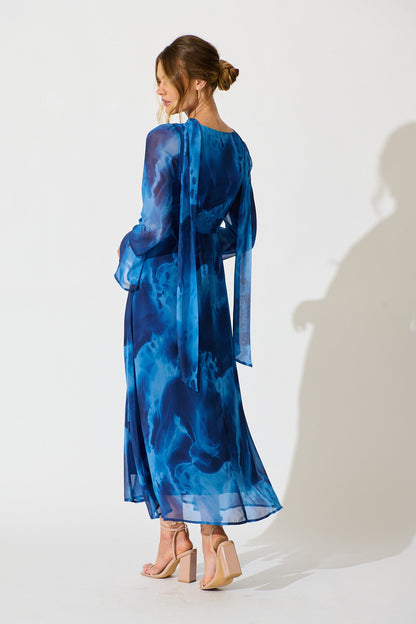 Nami Maxi Dress in Blue Watercolour Chiffon