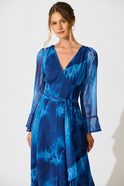 Nami Maxi Dress in Blue Watercolour Chiffon