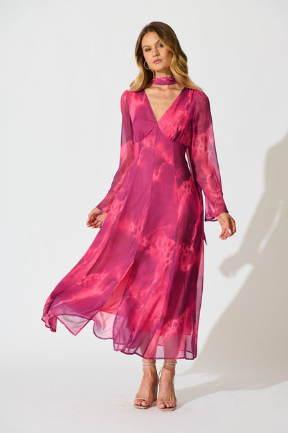 Nami Maxi Dress in Purple Watercolour Chiffon