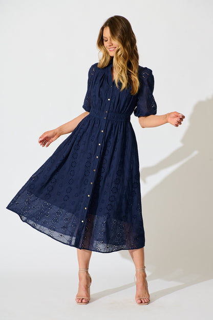 PRE ORDER Ayla Midi Shirt Dress In Navy Embroidered Cotton