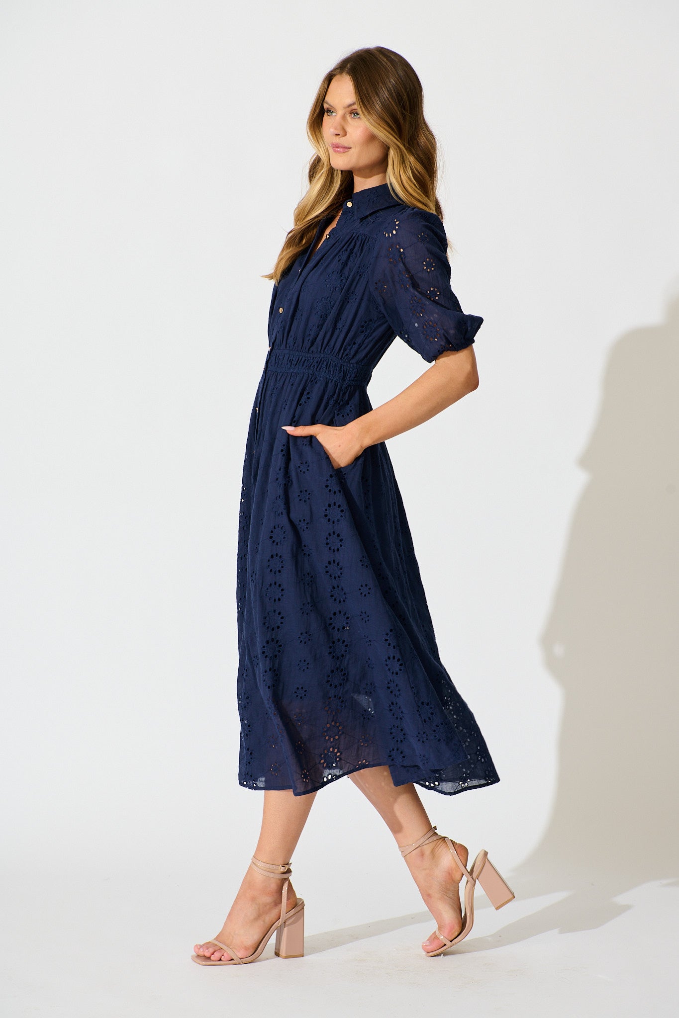 PRE ORDER Ayla Midi Shirt Dress In Navy Embroidered Cotton
