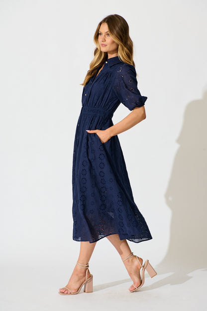 PRE ORDER Ayla Midi Shirt Dress In Navy Embroidered Cotton