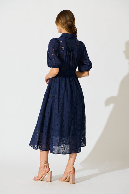 PRE ORDER Ayla Midi Shirt Dress In Navy Embroidered Cotton