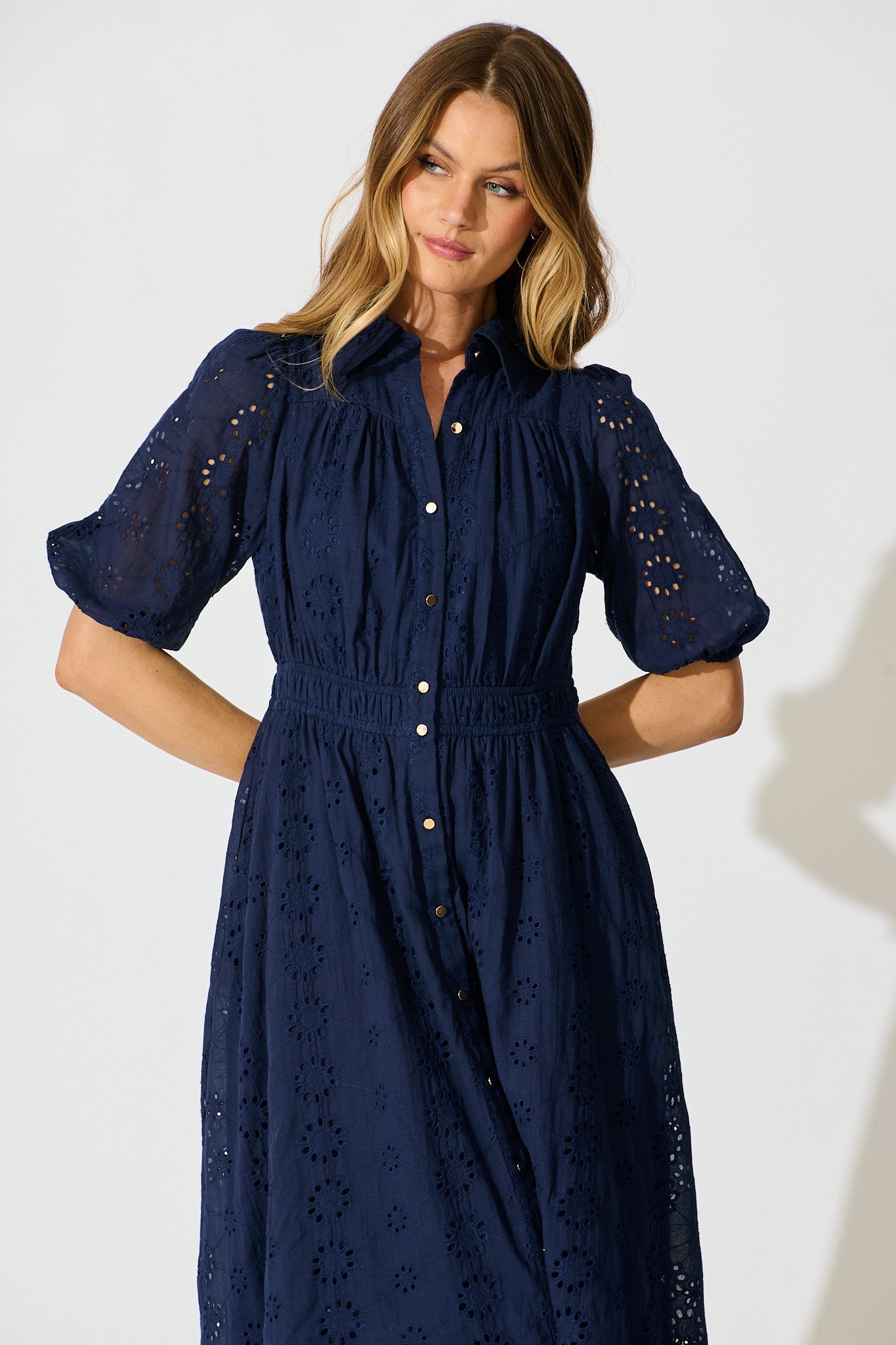 PRE ORDER Ayla Midi Shirt Dress In Navy Embroidered Cotton