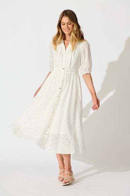 Ayla Midi Shirt Dress In White Embroidered Cotton