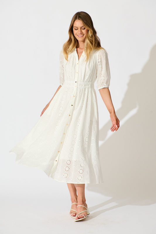 Ayla Midi Shirt Dress In White Embroidered Cotton