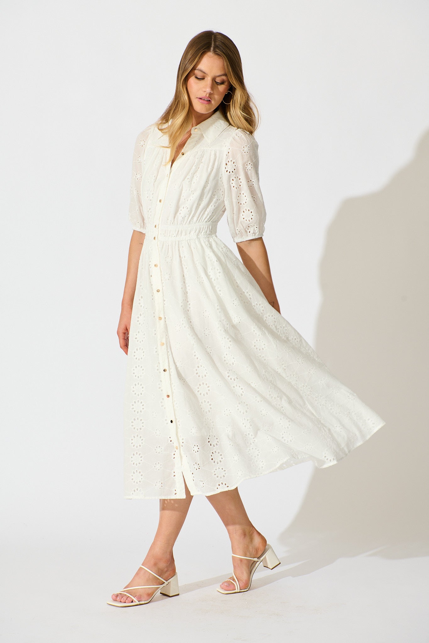 Ayla Midi Shirt Dress In White Embroidered Cotton