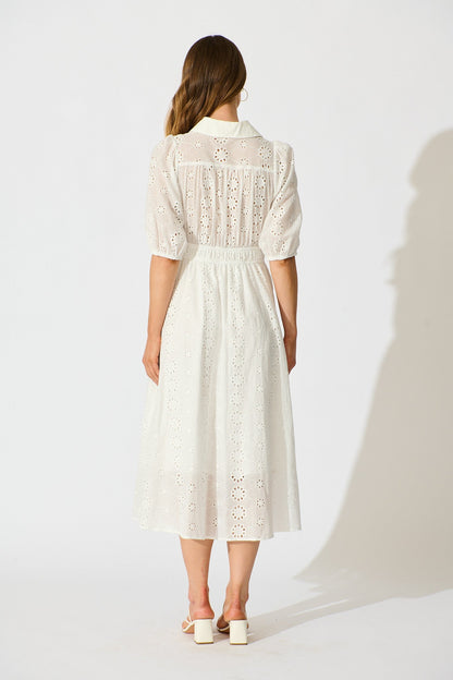 Ayla Midi Shirt Dress In White Embroidered Cotton