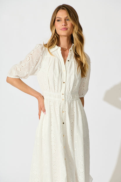 Ayla Midi Shirt Dress In White Embroidered Cotton