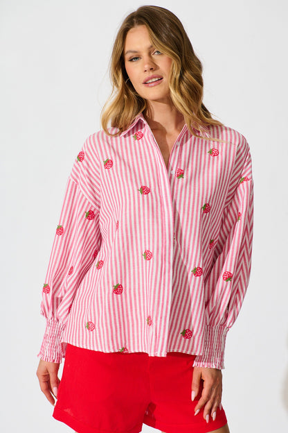 Strawberry Fields Shirt In Pink Stripe Embroidered Cotton