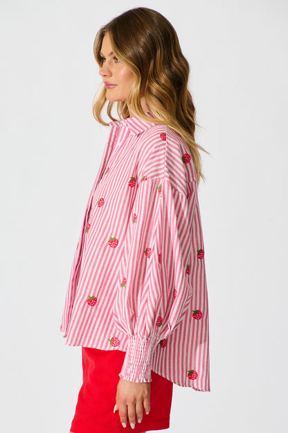 Strawberry Fields Shirt In Pink Stripe Embroidered Cotton