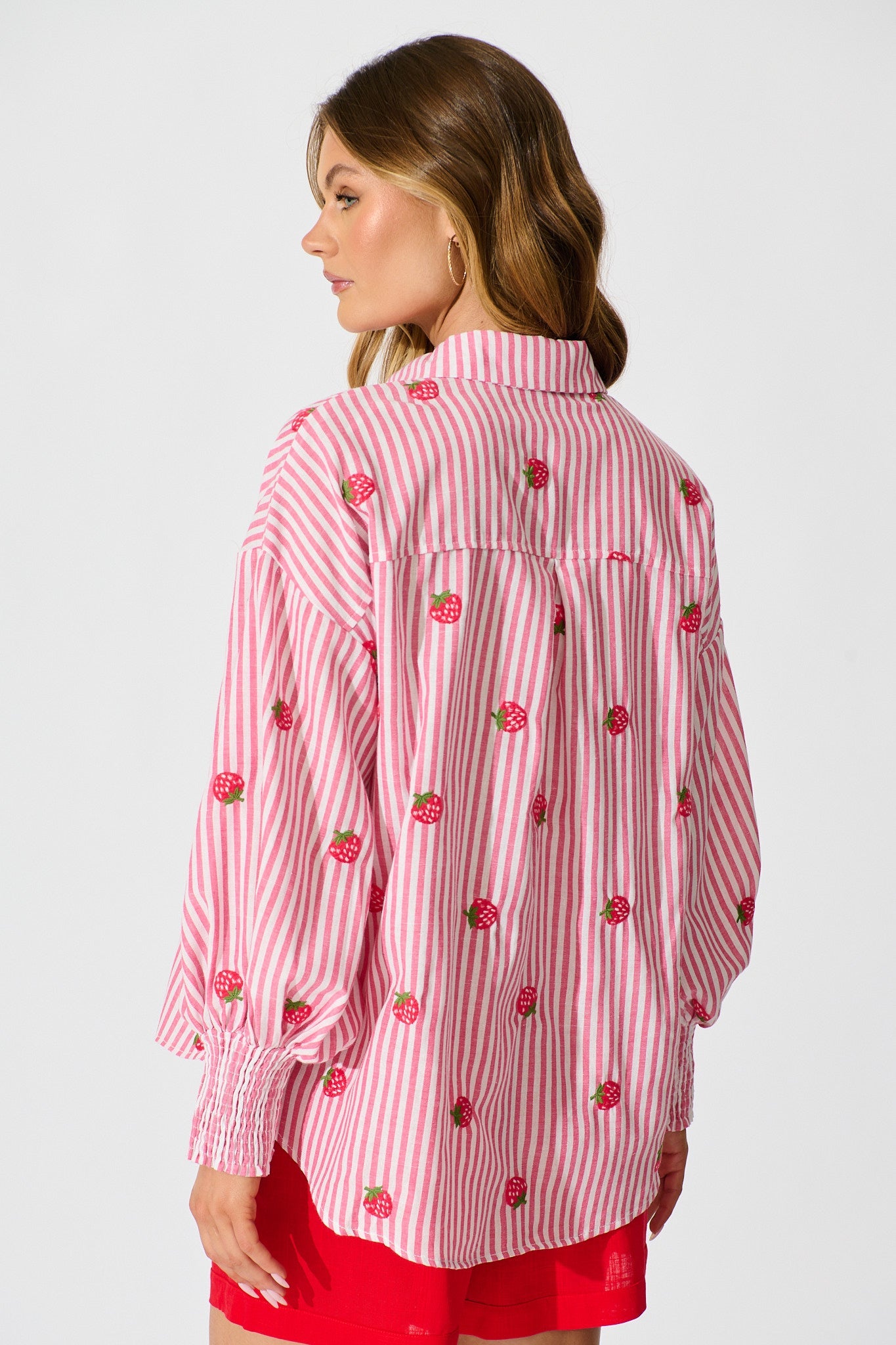 Strawberry Fields Shirt In Pink Stripe Embroidered Cotton