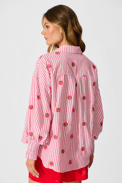Strawberry Fields Shirt In Pink Stripe Embroidered Cotton