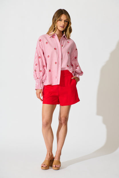 Strawberry Fields Shirt In Pink Stripe Embroidered Cotton