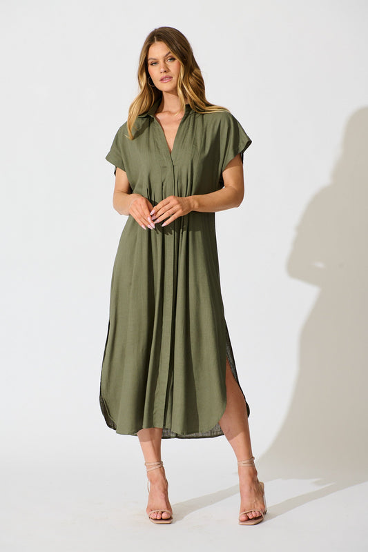 Imari Midi Dress in Khaki Linen Blend