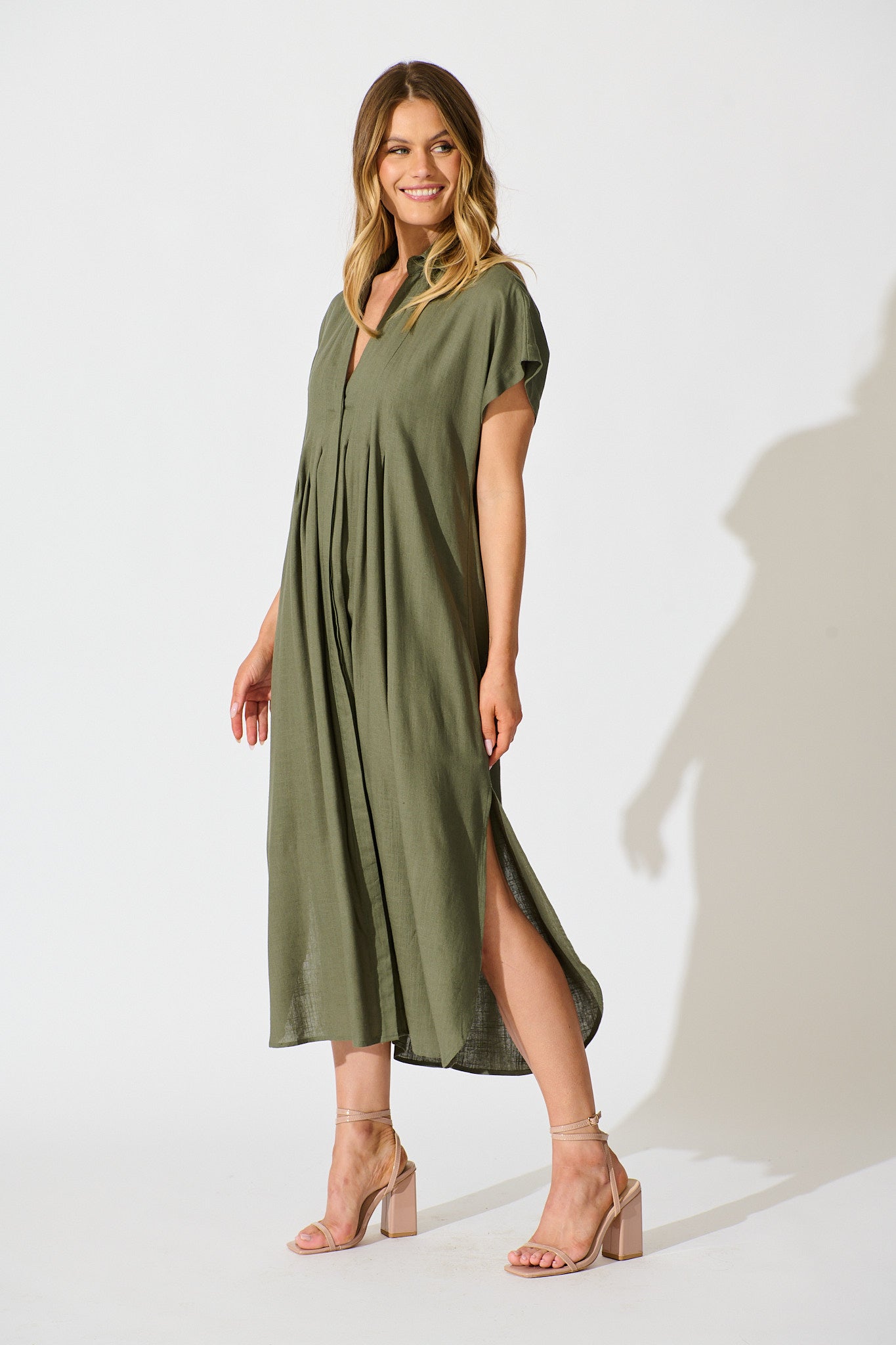 Imari Midi Dress in Khaki Linen Blend