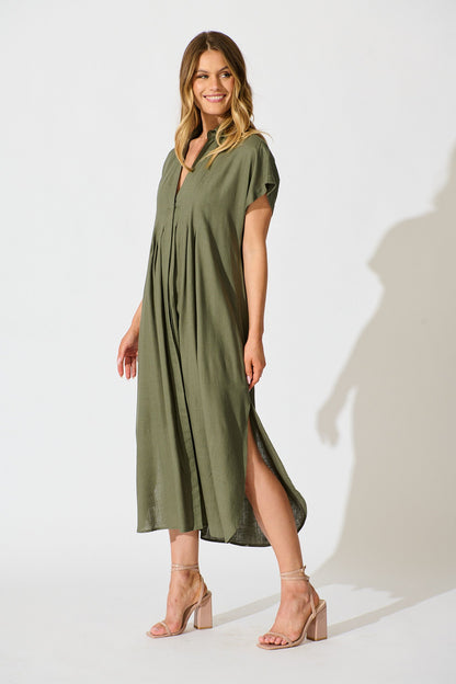 Imari Midi Dress in Khaki Linen Blend