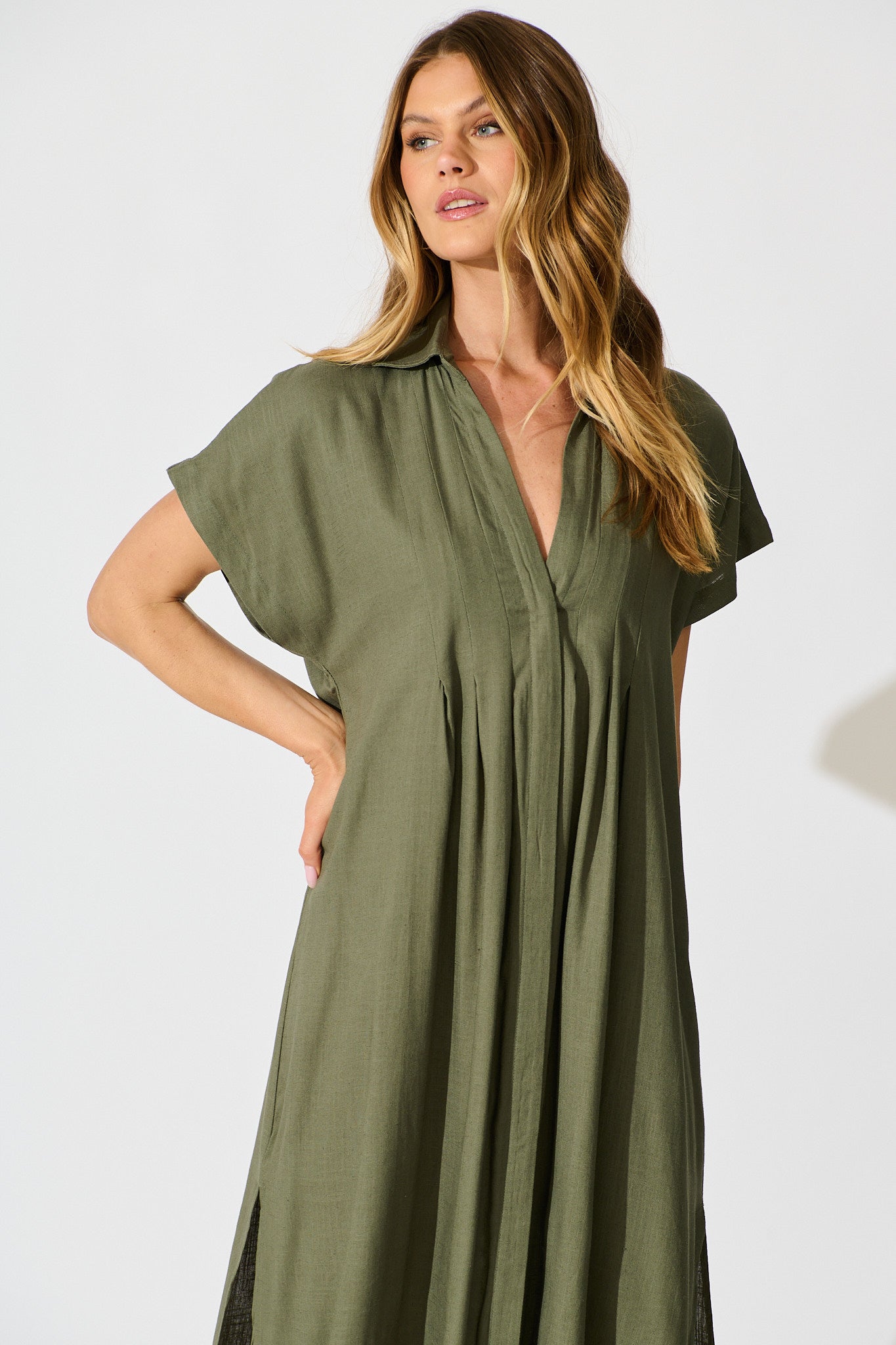 Imari Midi Dress in Khaki Linen Blend