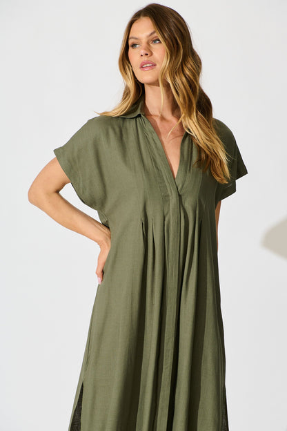 Imari Midi Dress in Khaki Linen Blend