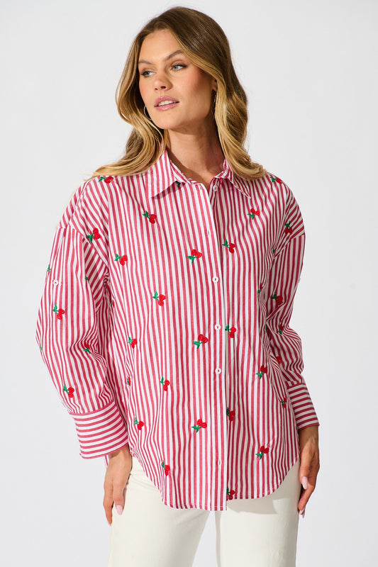 Cherry On Top Shirt in Red Stripe with Cherry Embroidered