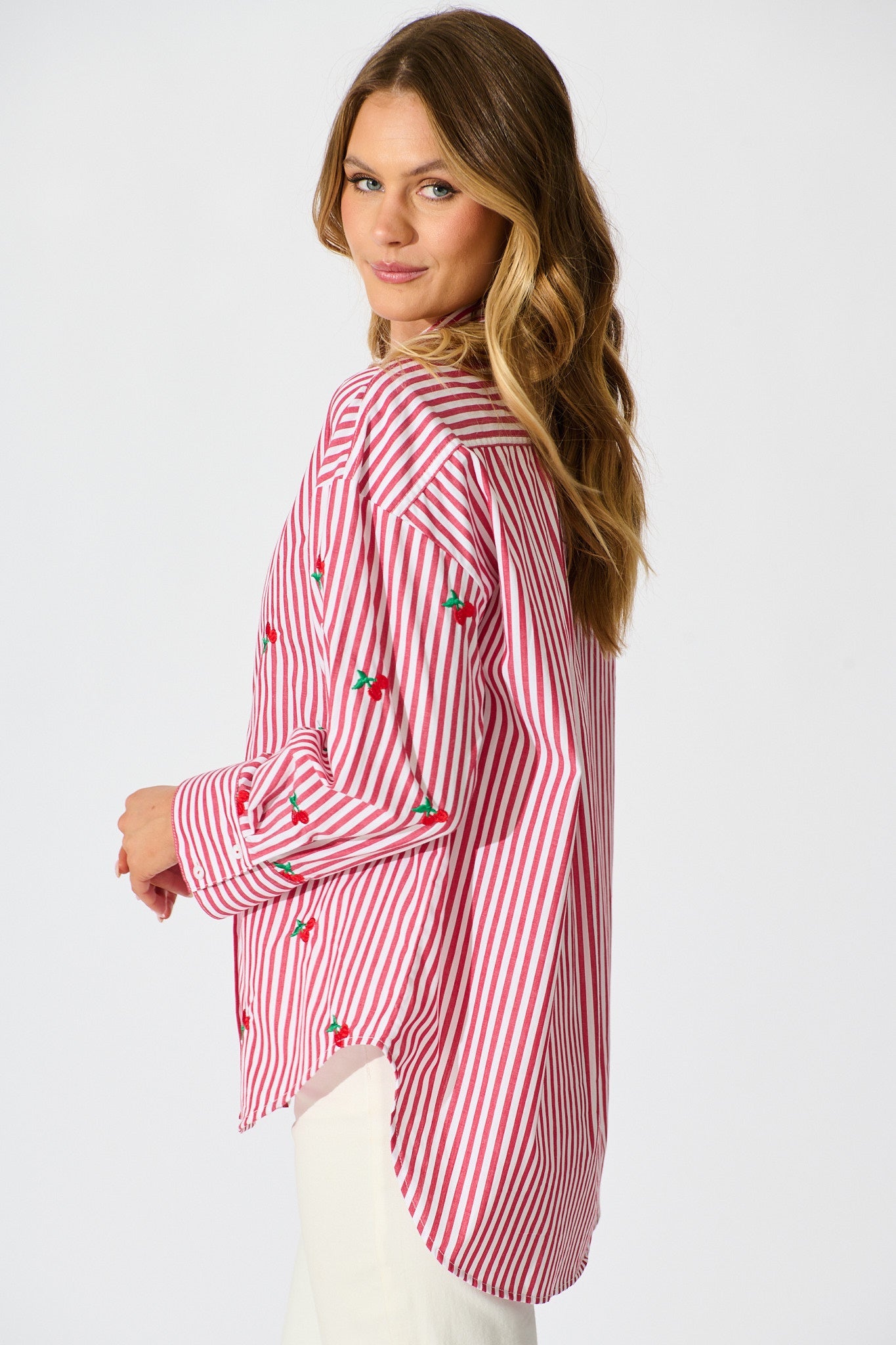 Cherry On Top Shirt in Red Stripe with Cherry Embroidered