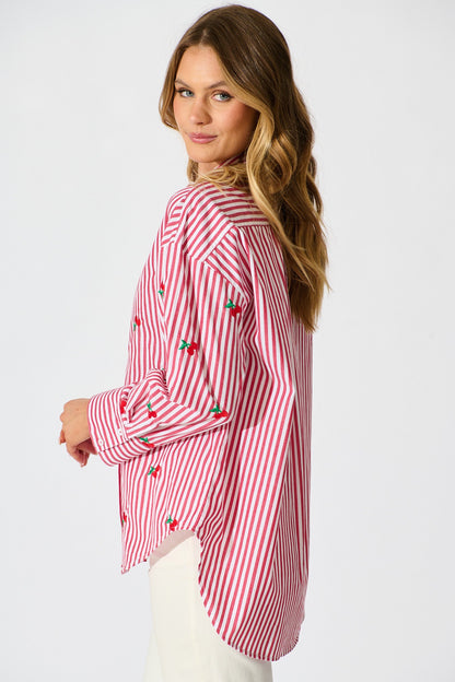 Cherry On Top Shirt in Red Stripe with Cherry Embroidered
