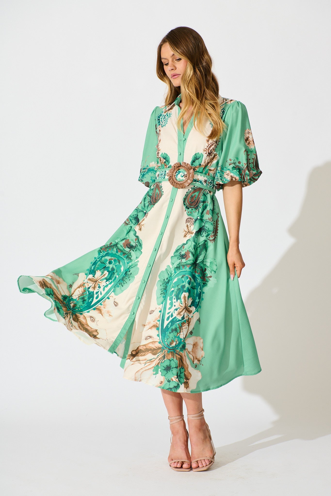 Jade Garden Midi Shirt Dress in Cream with Jade Print Linen Blend