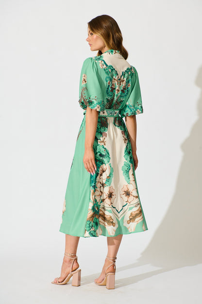 Jade Garden Midi Shirt Dress in Cream with Jade Print Linen Blend