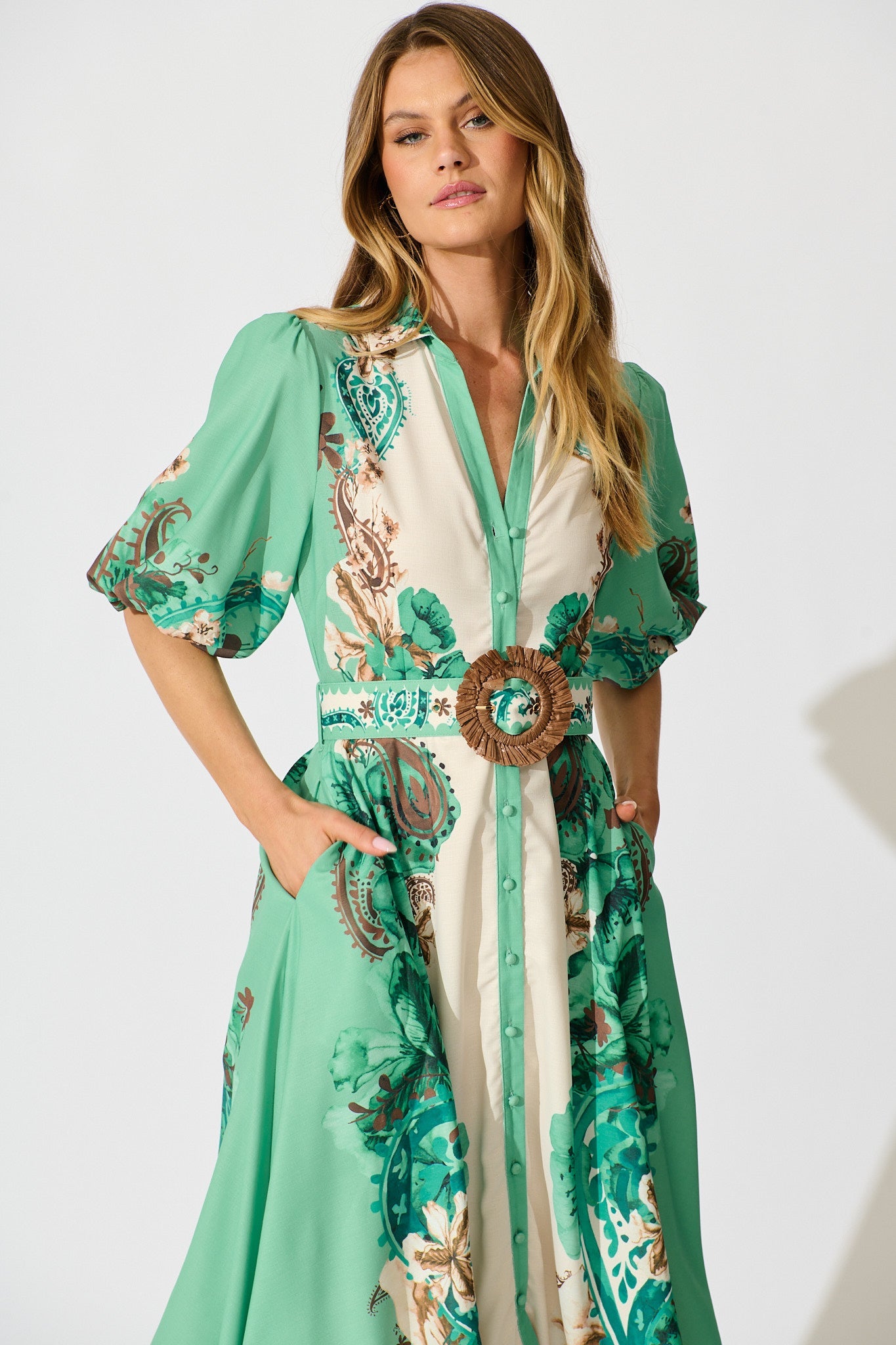 Jade Garden Midi Shirt Dress in Cream with Jade Print Linen Blend