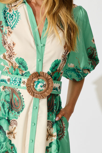 Jade Garden Midi Shirt Dress in Cream with Jade Print Linen Blend