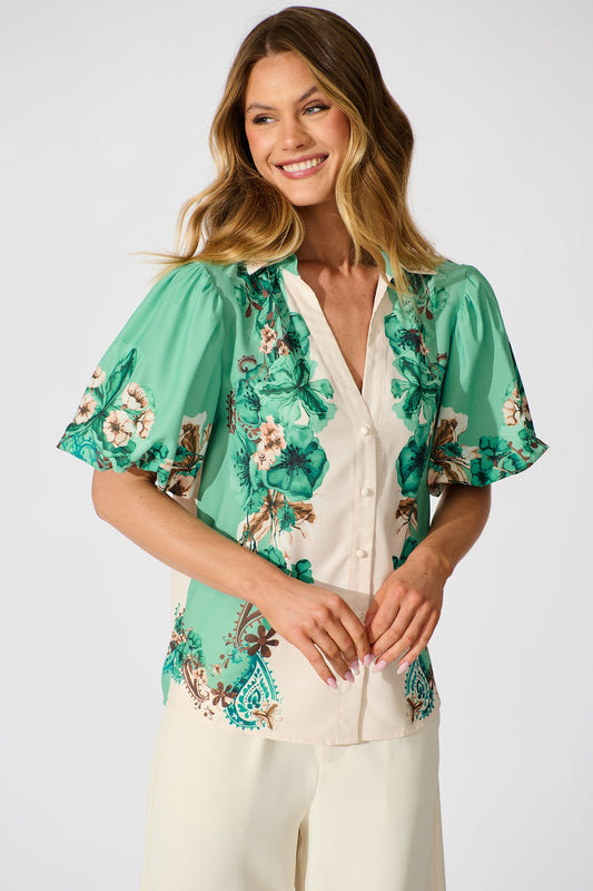Willow Bloom Top in Cream with Jade Print Linen Blend
