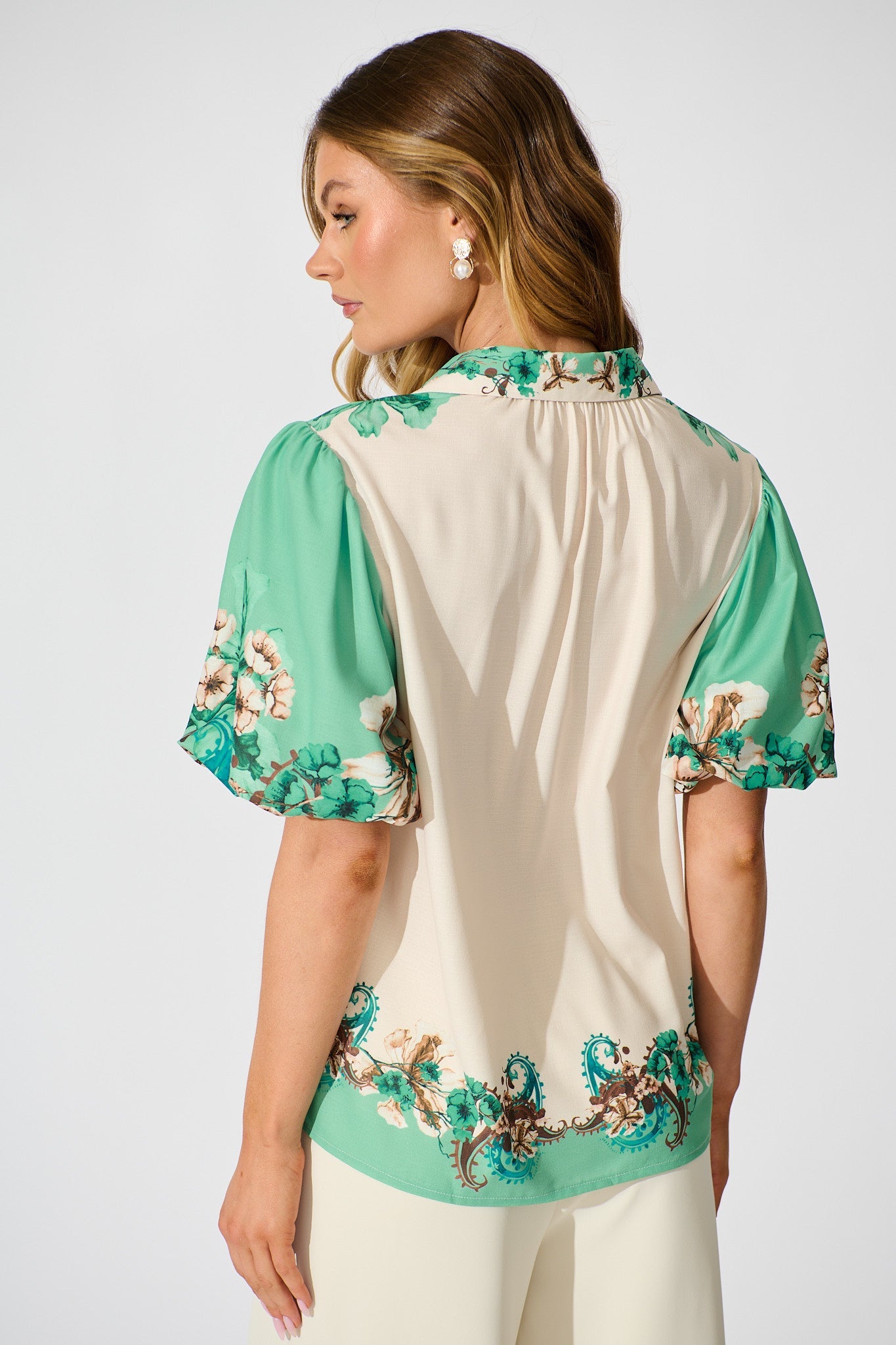 Willow Bloom Top in Cream with Jade Print Linen Blend