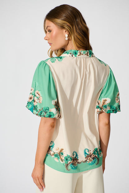 Willow Bloom Top in Cream with Jade Print Linen Blend