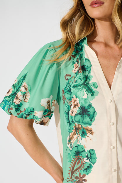 Willow Bloom Top in Cream with Jade Print Linen Blend