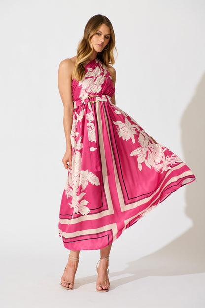 Bernadette One Shoulder Midi Dress in Magenta Floral Satin