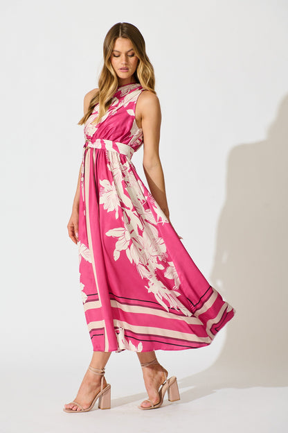 Bernadette One Shoulder Midi Dress in Magenta Floral Satin