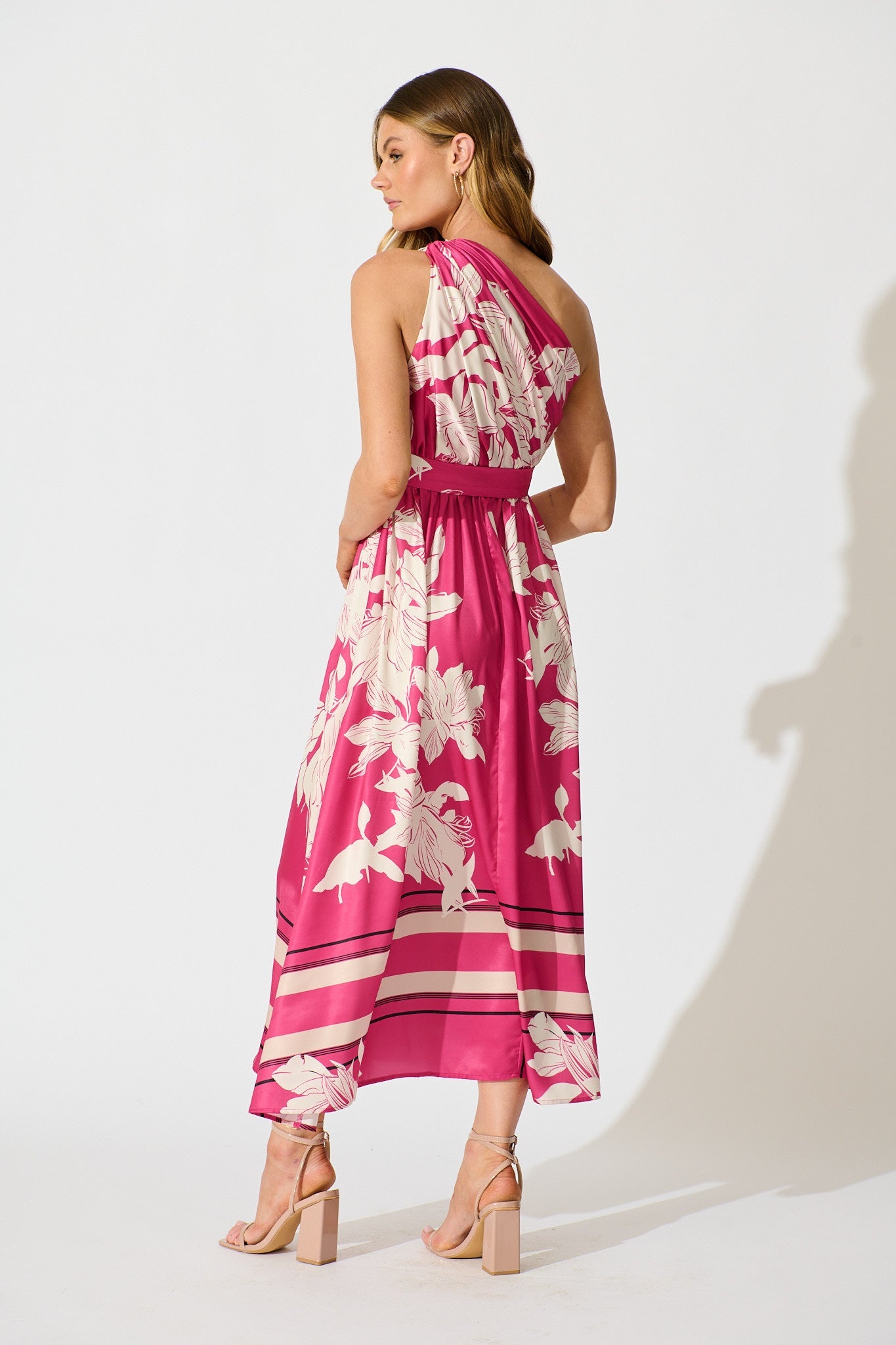 Bernadette One Shoulder Midi Dress in Magenta Floral Satin