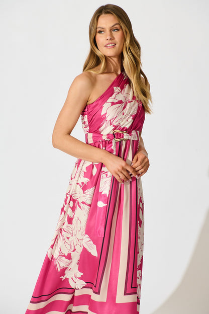 Bernadette One Shoulder Midi Dress in Magenta Floral Satin