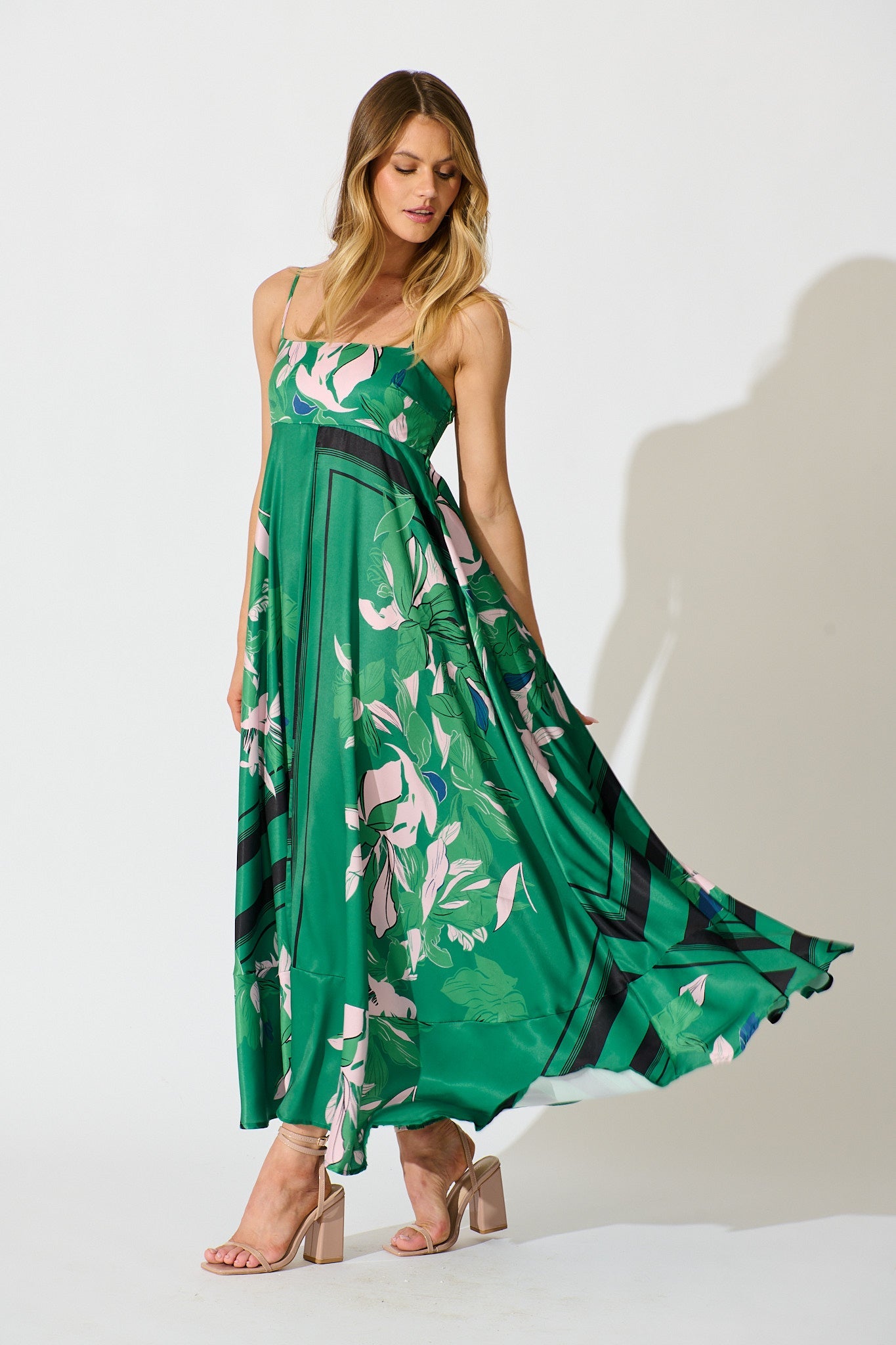 Ruthie Maxi Sundress in Emerald Print Satin