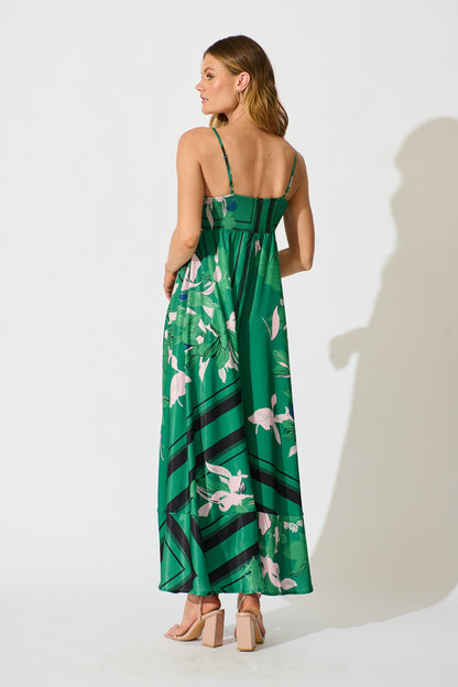 Ruthie Maxi Sundress in Emerald Print Satin