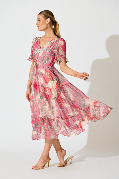 Flamenco Rose Midi Dress in Pink with Boho Print