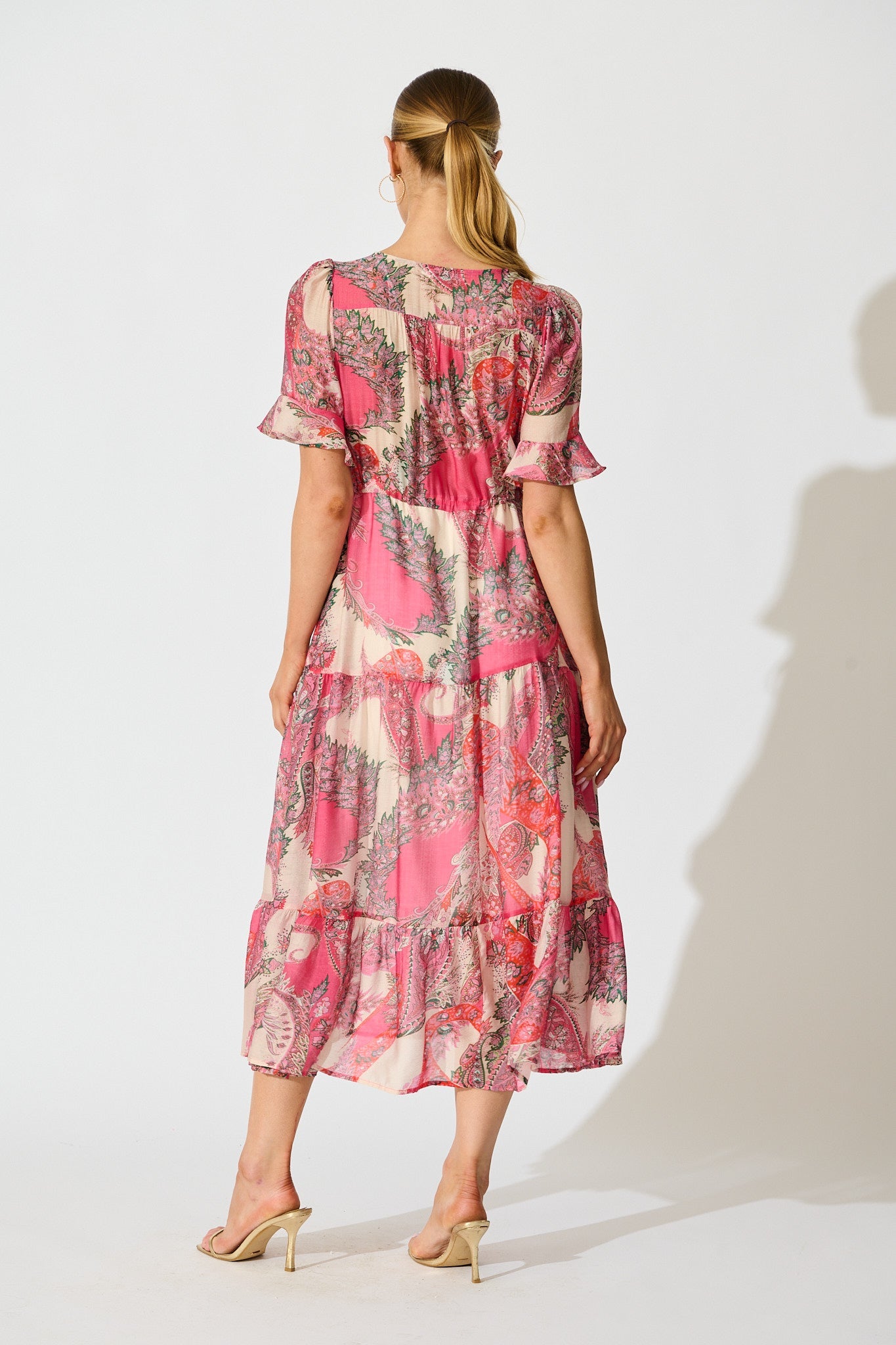 Flamenco Rose Midi Dress in Pink with Boho Print