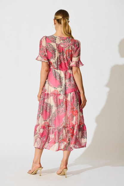 Flamenco Rose Midi Dress in Pink with Boho Print